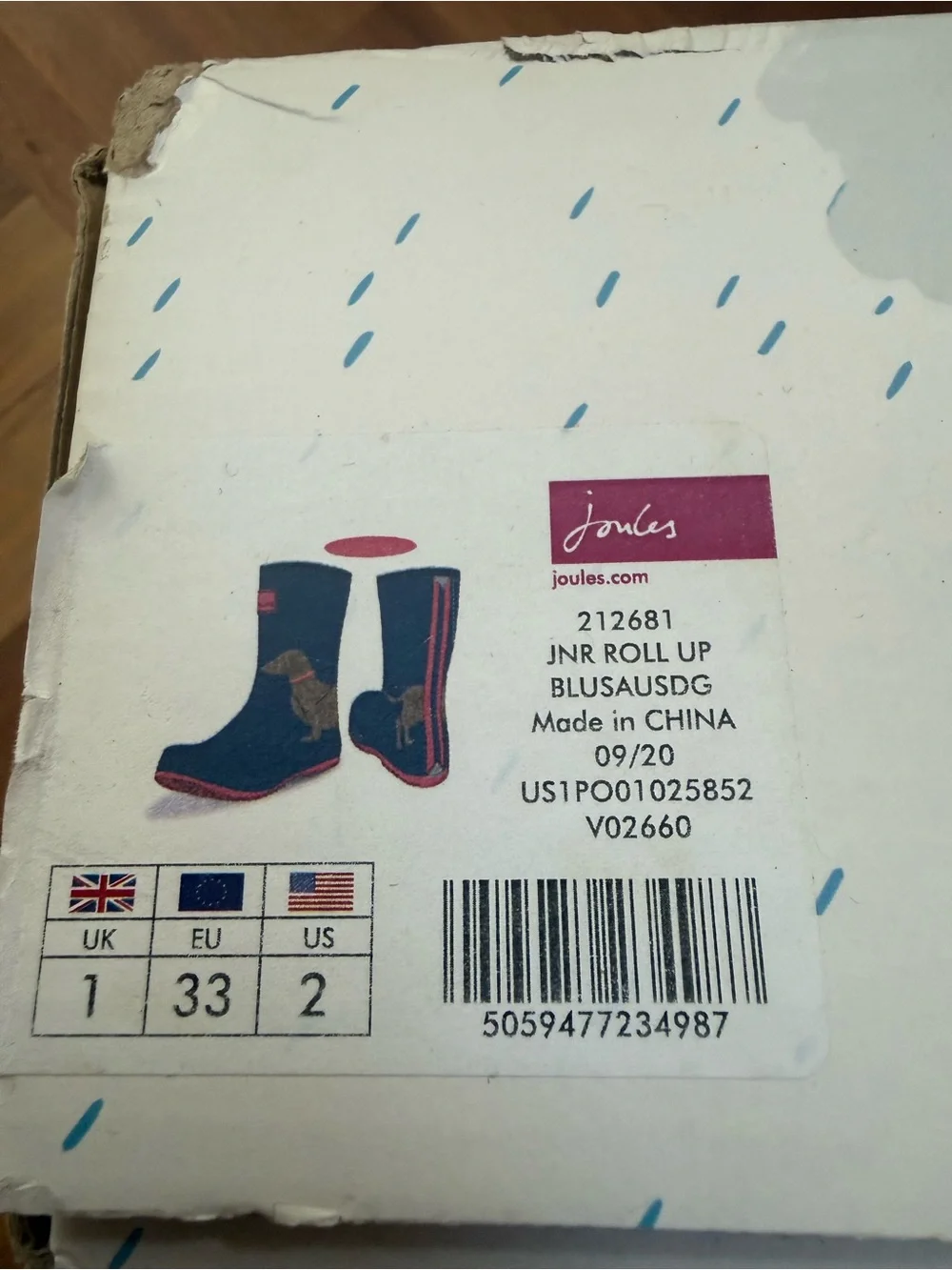Joules Navy Kids Roll-Up Rain Boots with Pink Trim and Dachshund Motif